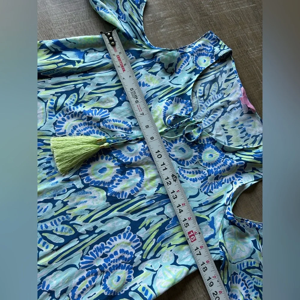 Lilly Pulitzer Cold Shoulder Dress Sz Small Tasseled Airy Blue Green EUC - Picture 9 of 12